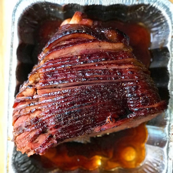 Twice Smoked Ham in the foil pan after being removed from the grill.