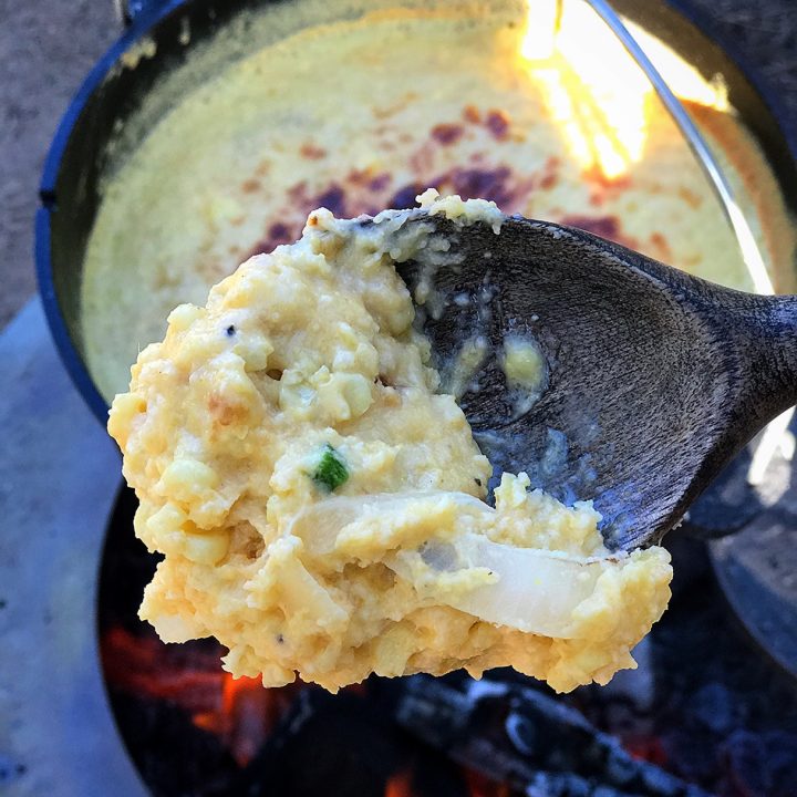 Southern corn pudding fresh out of the cast iron dutch oven!