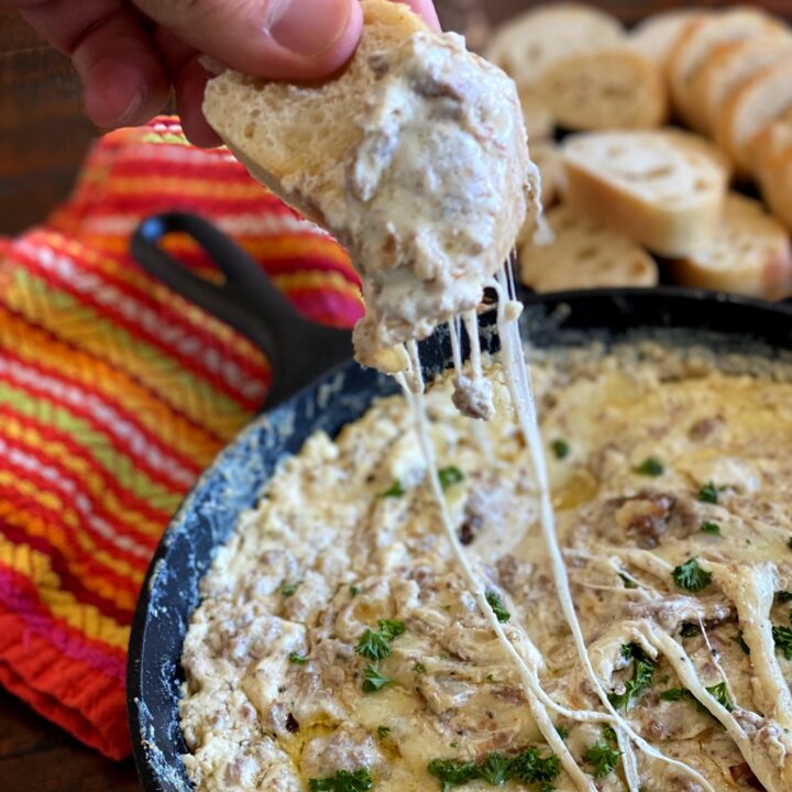 Philly cheesesteak dip with the cheese pull!